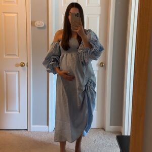 Sleeper Atlanta Linen Dress with Rose Detail in Blue